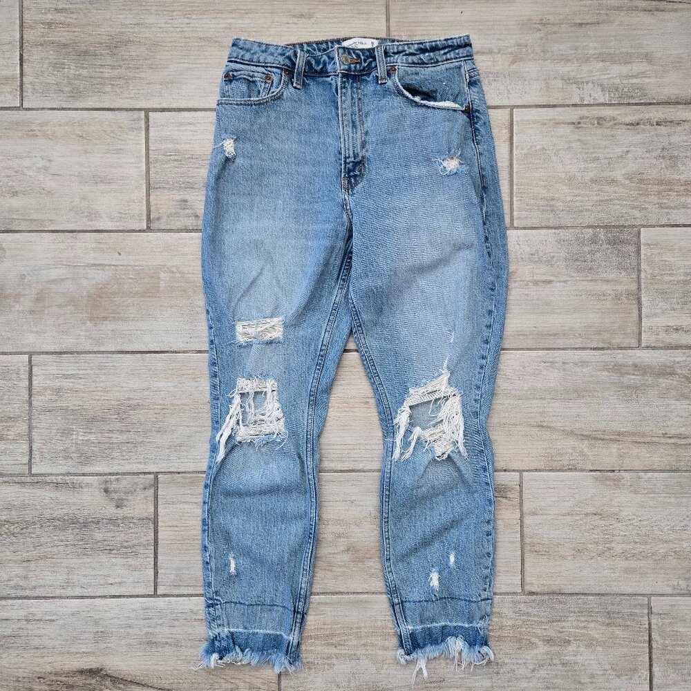 Abercrombie‎ & Fitch The Mom High Rise Jeans Women's Destroyed Knee Raw Hem 28/6